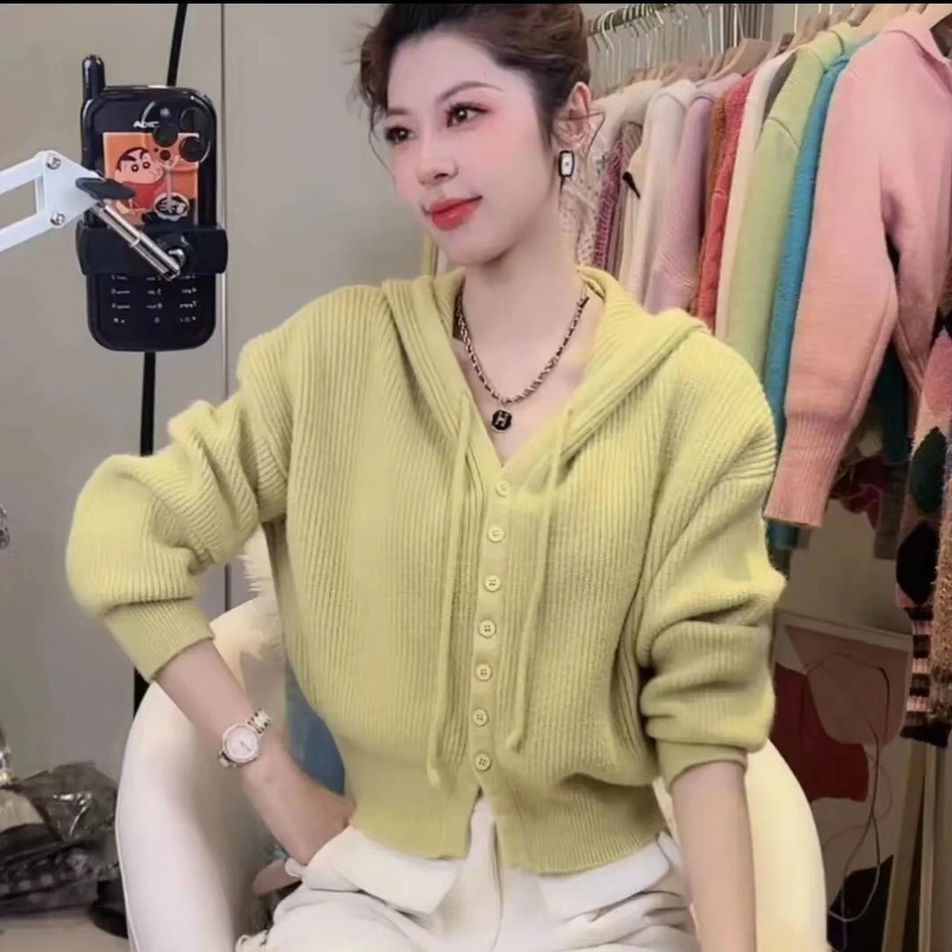 短款洋气高腰显瘦连帽开衫针织外套女2023春秋新款高级感毛衣外穿