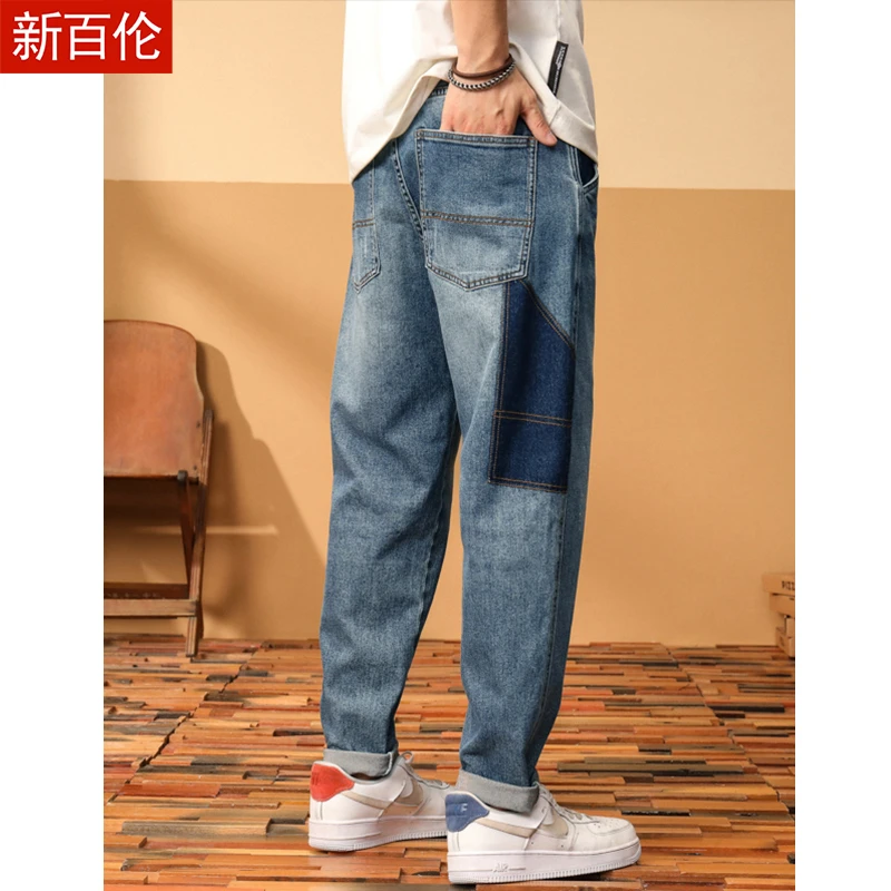 新百伦锥形牛仔裤男款潮牌2023新款男士宽松直筒长裤青少年小脚裤