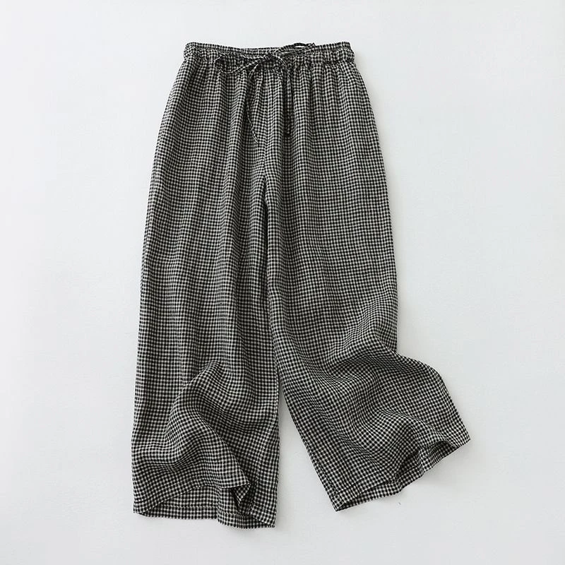 夏季新款薄款宽松格子裤休闲阔腿裤外穿亚麻显高显瘦直筒九分裤子