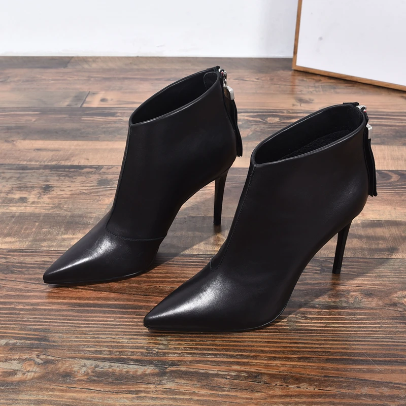 尖头拉链中跟显瘦细跟黑色踝靴爆款高跟英伦及裸靴欧货深口短靴女