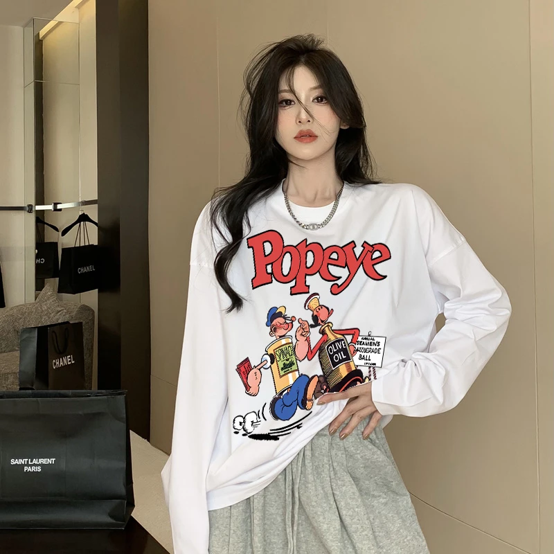 港风ins大力水手潮牌百搭t恤上衣洋气女装纯长袖网红洋气炸街女装