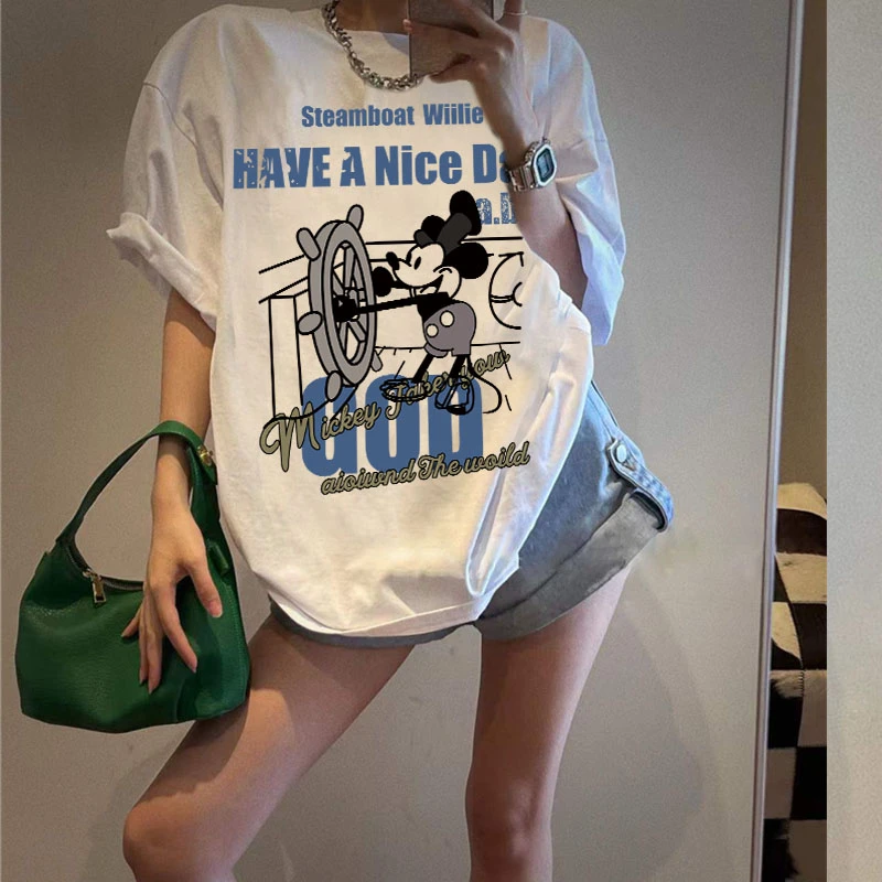 米奇纯棉短袖T恤韩版夏休闲百搭洋气女上衣高级感情侣衫小众半袖t