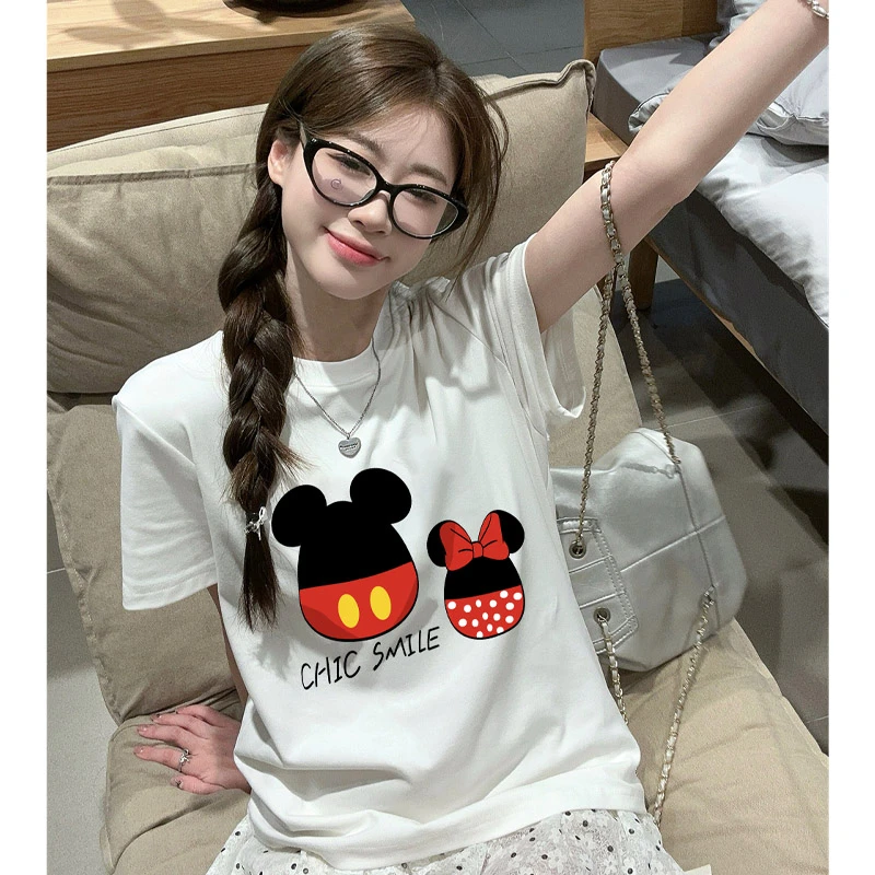 韩版休闲t恤纯棉短袖夏季ins设计感米奇印花正肩半袖百搭大码女装