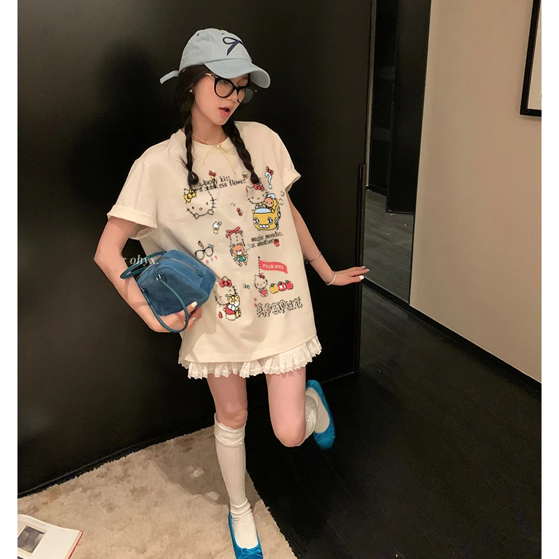 港味insKT猫卡通印花夏季休闲百搭女装上衣纯棉短袖T恤大妈女装