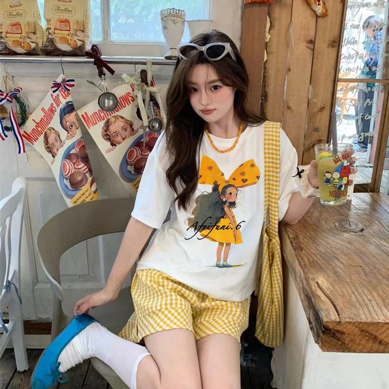 蝴蝶结女孩夏季纯棉短袖T恤高级感洋气女装中长款上衣高考毕业季