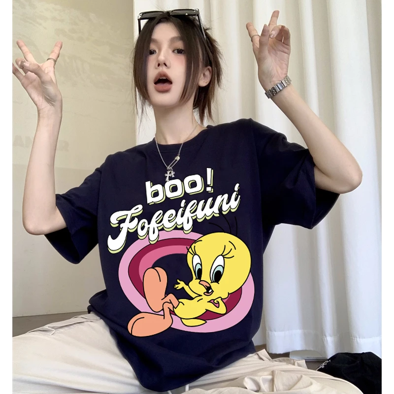 潮牌卡通纯棉短袖t恤女夏季圆领百搭上衣高考毕业季中长款情侣装