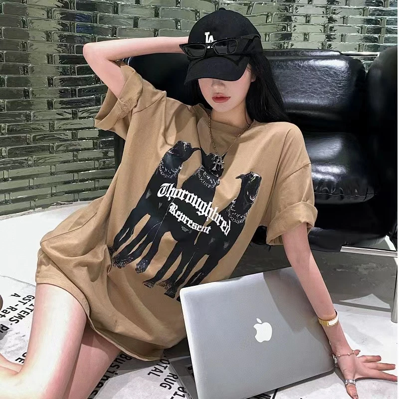美式杜宾犬欧美潮牌T恤短袖oversize宽松圆领男女情侣装印花大码