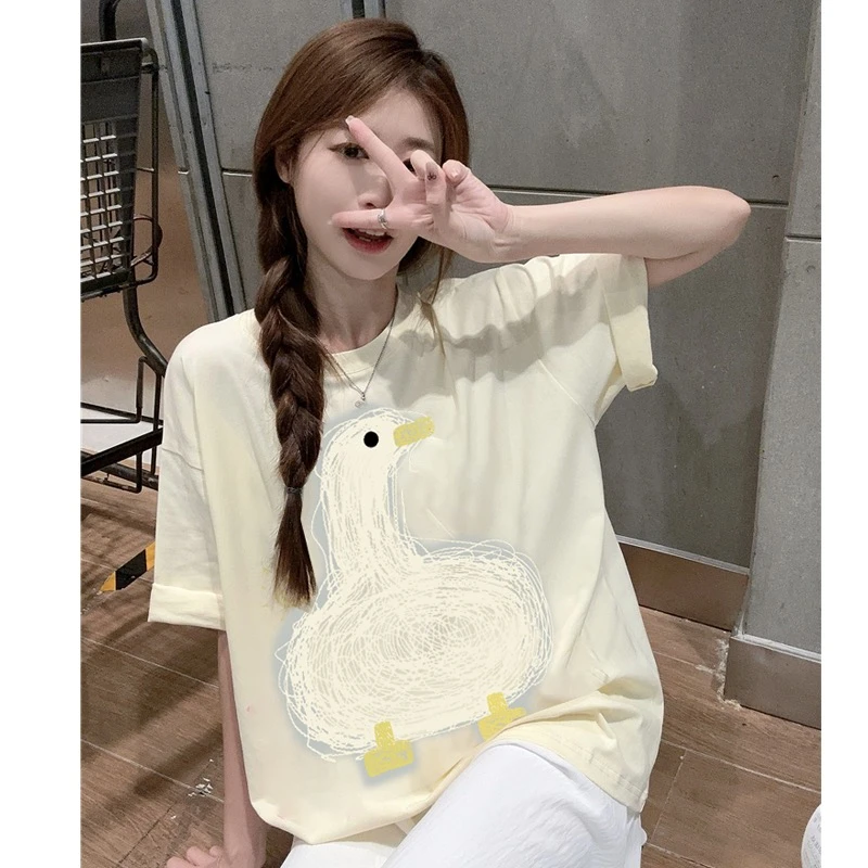 线条大鹅2024夏季新款中长款时尚印花宽松圆领T恤男女高考毕业季