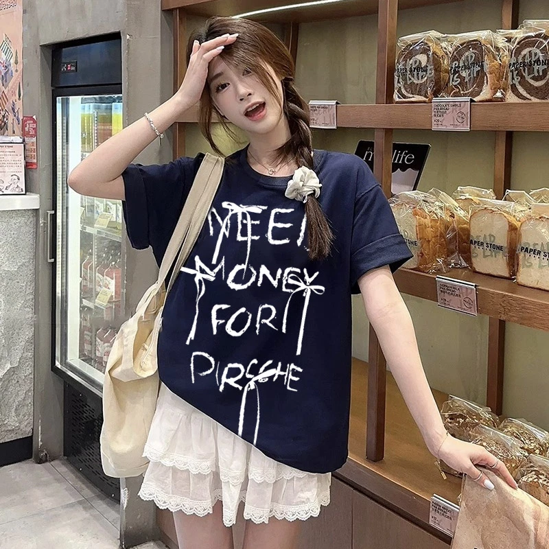 港味ins纯棉短袖t恤韩版休闲宽松大码女装夏装蝴蝶结大t恤女宽松