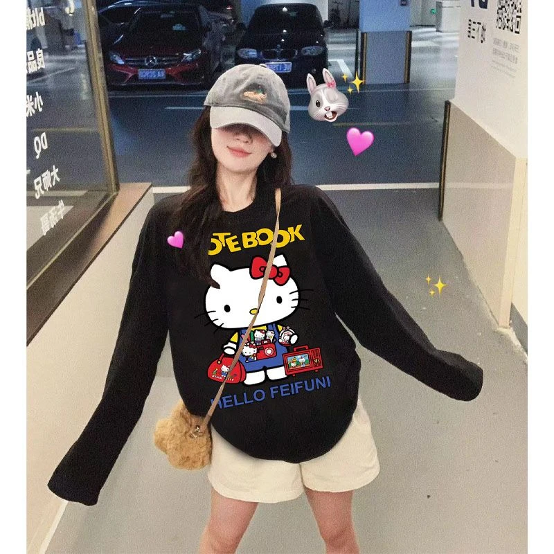 韩系KT猫卡通长袖纯棉印花T恤休闲百搭女装小众炸街高级感女装