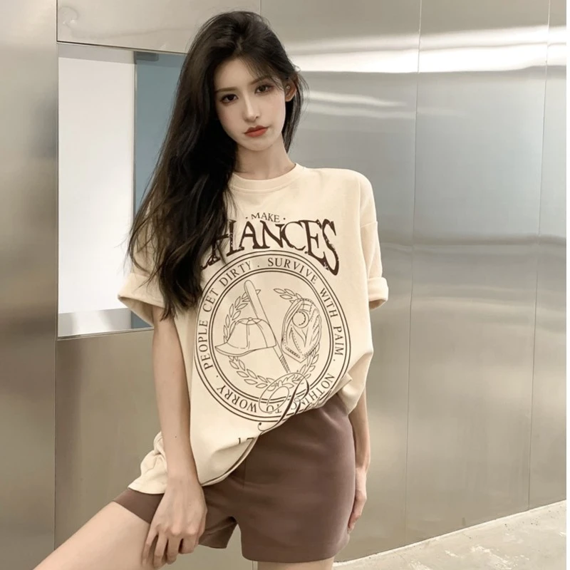 港风简约洋气纯棉圆领短袖T恤ins小众百搭情侣上衣潮大码女装半袖