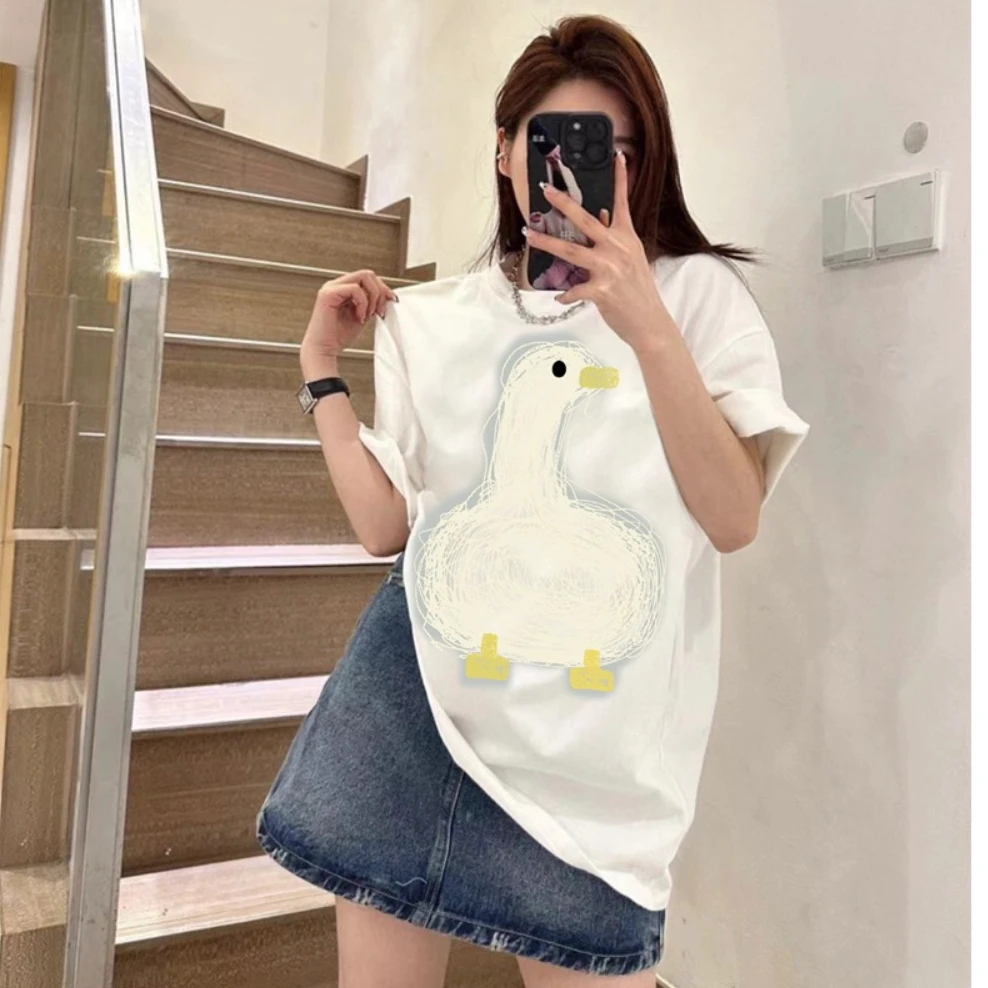 线条大鹅2024夏季新款中长款时尚印花宽松圆领T恤男女高考毕业季
