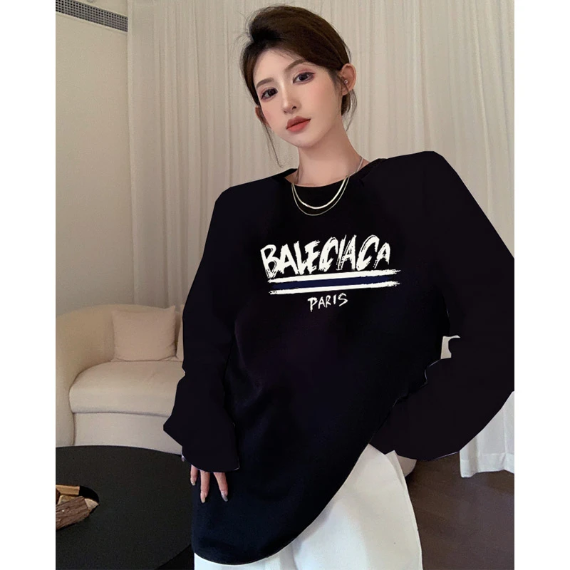 港风ins简约字母图案长袖潮牌百搭t恤上衣洋气女装情侣圆领打底衫