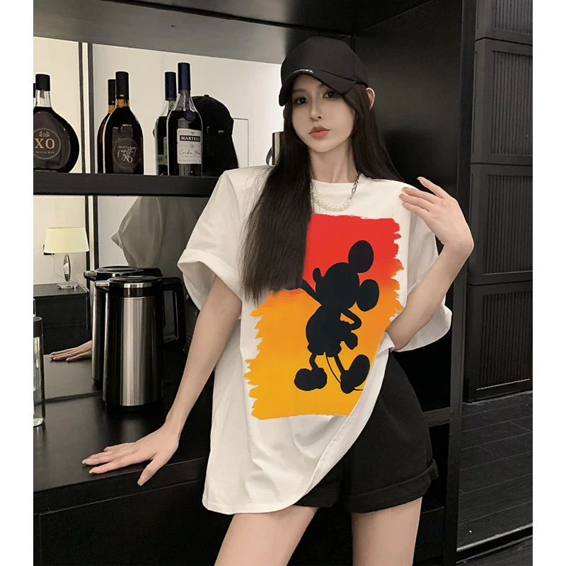港味ins米奇前后图案潮牌百搭t恤上衣洋气女装纯棉短袖情侣装半袖