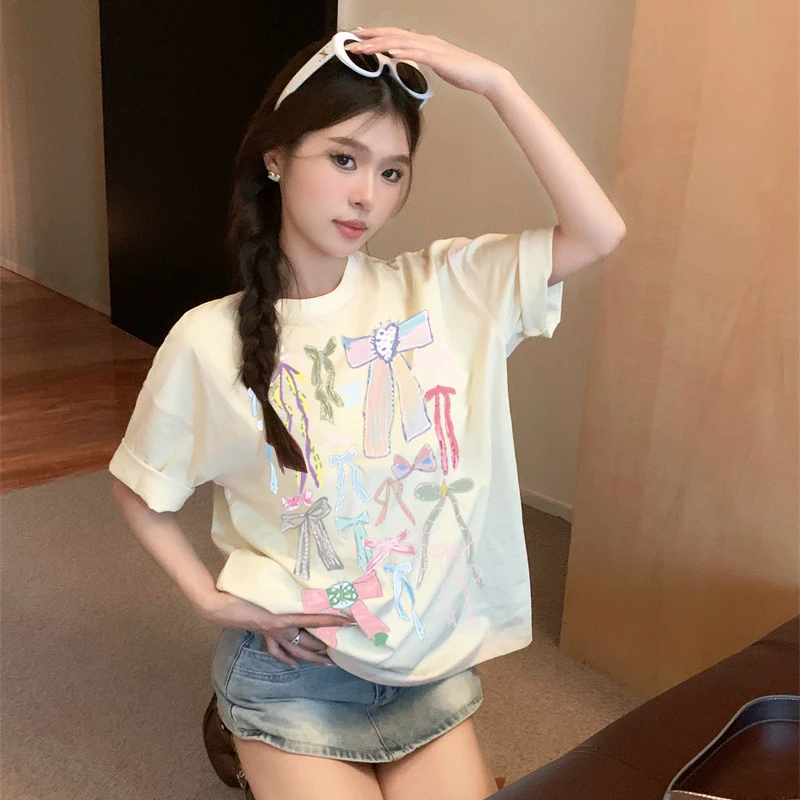 彩色蝴蝶结夏季反季上衣正肩纯棉短袖t恤休闲网红洋气炸街女装