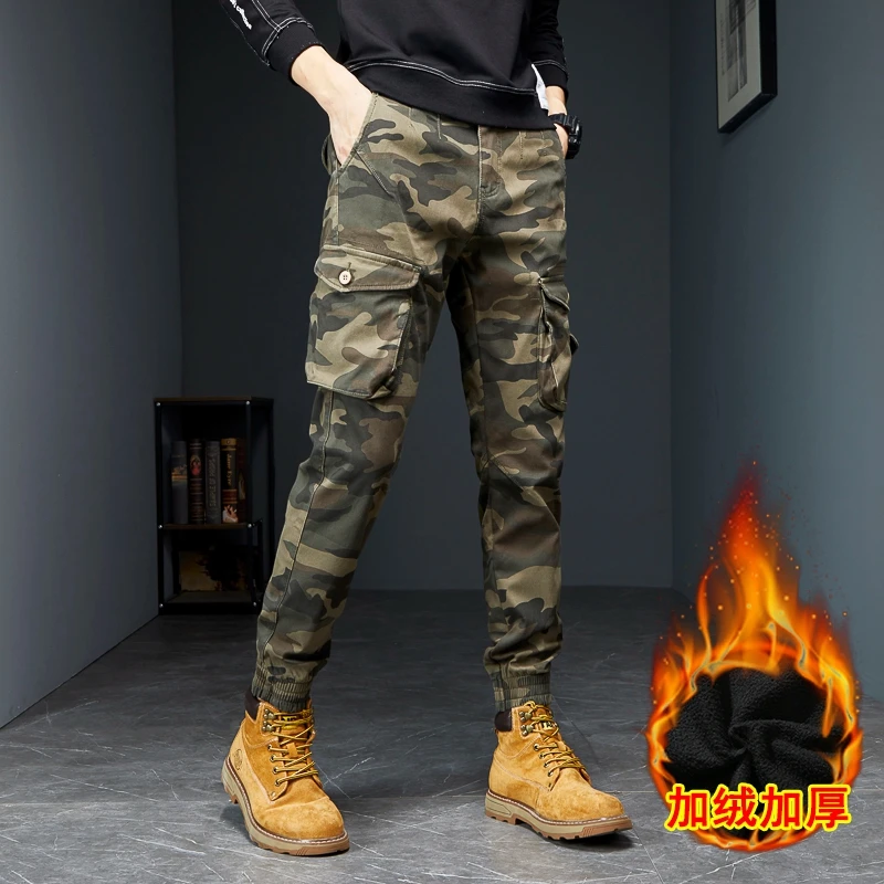 秋冬款男士工装裤潮牌束脚皮带腰多口袋加绒迷彩裤子男冬季束脚裤