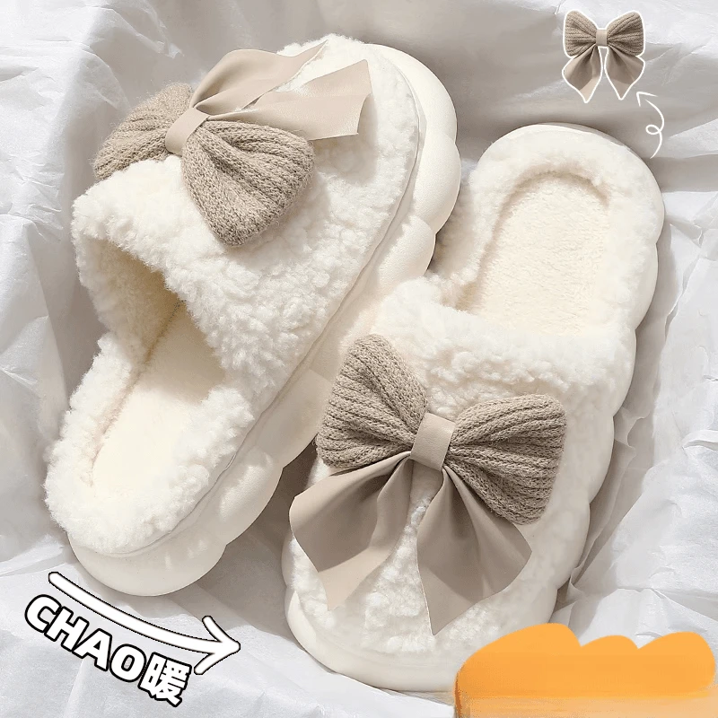 蝴蝶结棉拖鞋女士厚底超软秋冬季2024新款室内居家防滑拖鞋yw