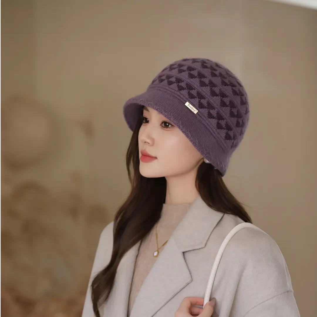 时尚妈妈帽女冬季中老年针织帽毛线帽加绒加厚保暖护耳老人盆棉帽