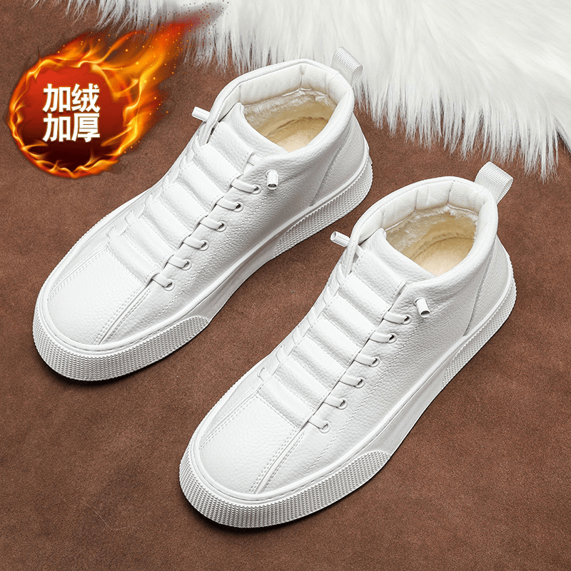 男士高帮年冬季加绒保暖压花皮面休闲百搭一脚蹬软底男鞋板鞋