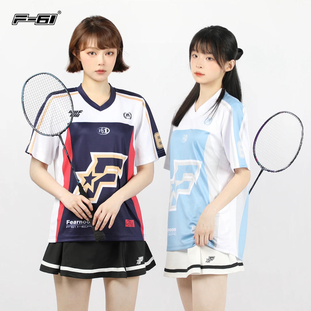 F61新款美式复古蓝色羽毛球服男女排汗速干运动透气上衣情侣短袖T