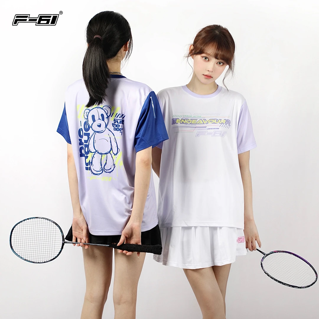 F61新款拼色紫色小熊羽毛球服男女排汗速干运动上衣短袖情侣T恤