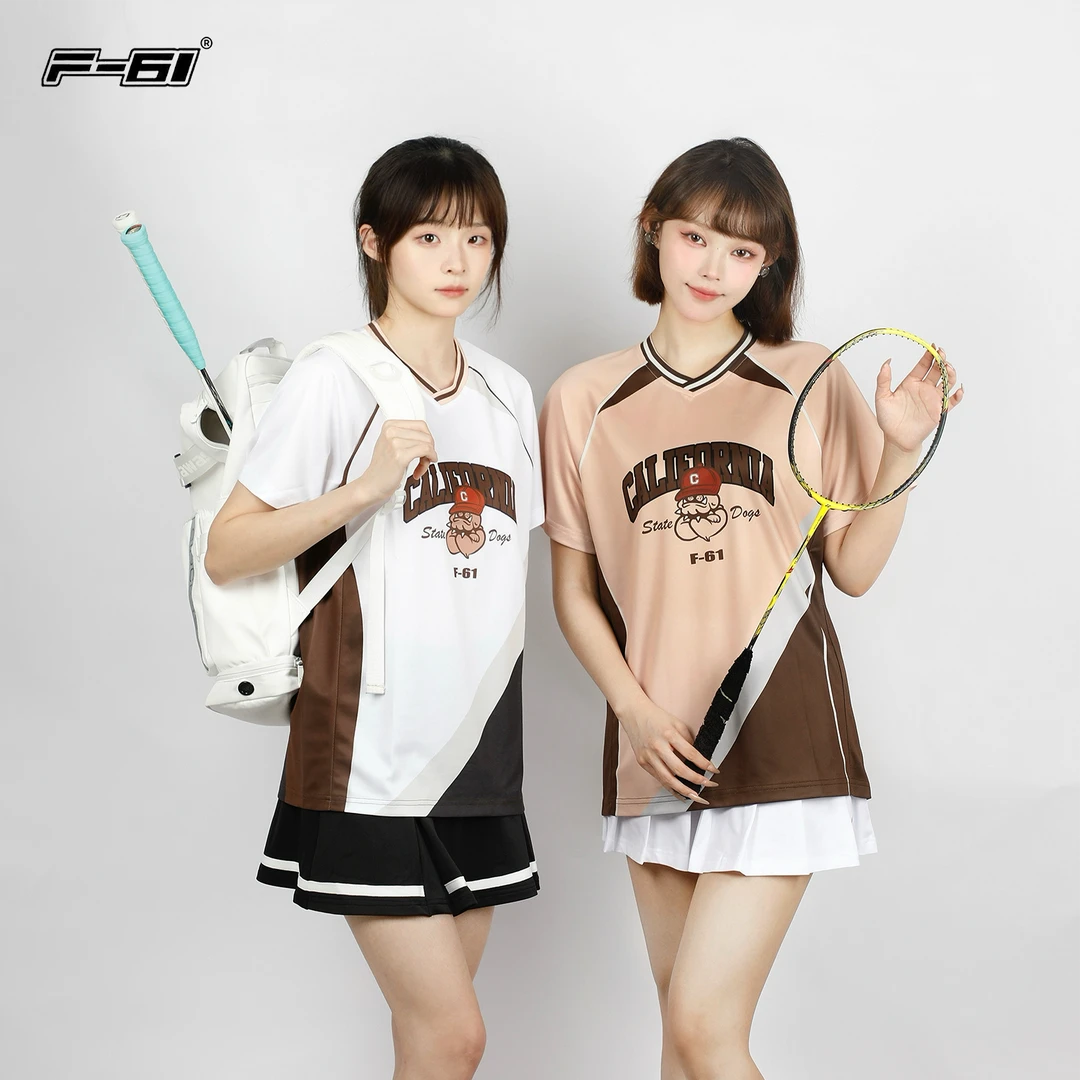 F61新款斗牛犬羽毛球服美式复古美拉德撞色女男速干运动上衣短袖