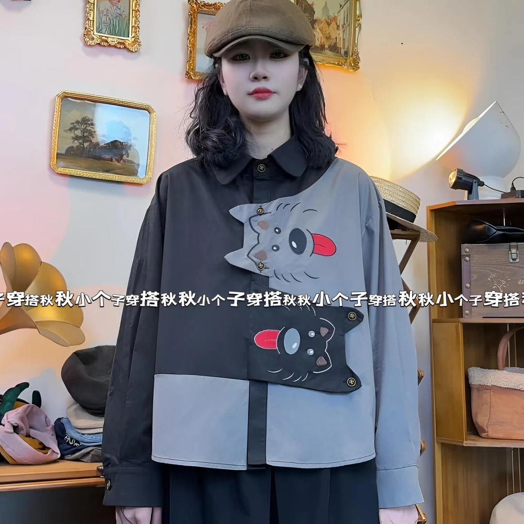 78舌头修狗”原创重工立体刺绣调皮舌头狗狗长袖衬衫