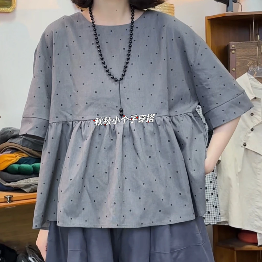 PQ “灰波点”CHAO级推荐！圆领波点麻棉中袖衬衫夏季气质中袖娃娃衫