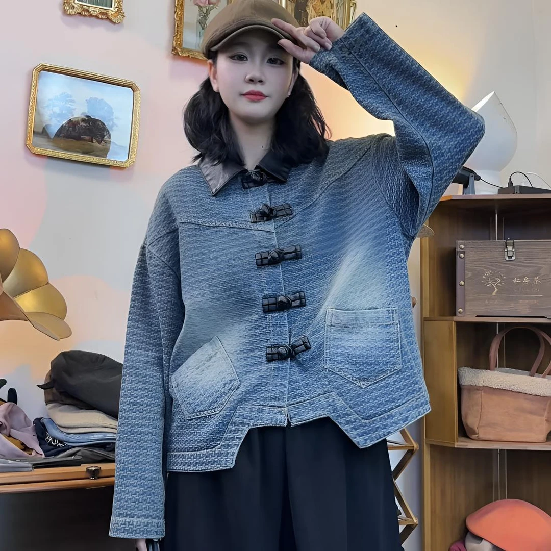 PQ “牛仔士多闲”新品牛仔拼接盘扣翻领新中式不规则提花牛仔衬衣