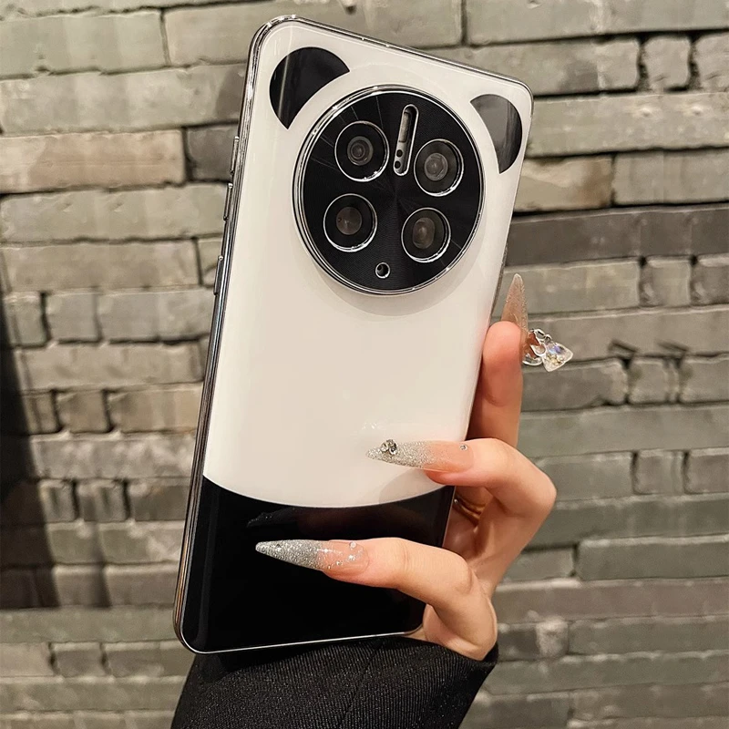 适用华为Mate50熊猫手机壳50黑白耳朵电镀遥遥领先E玻璃pro保护套