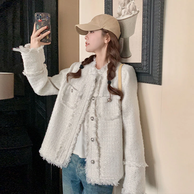 2025春秋新款百搭气质圆领粗花呢法式名媛流苏小香风短外套女上衣