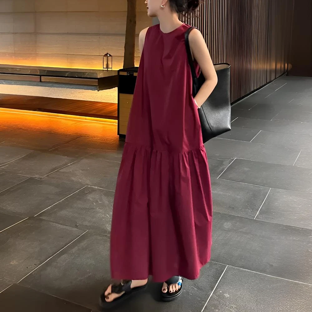 慵懒甜美别致乌梅子酱色连衣裙女夏季法式拼接茶歇显瘦无袖长裙子