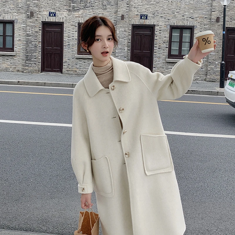 米白色双面羊毛大衣女2024秋冬新款韩系温柔高级感中长款毛呢外套