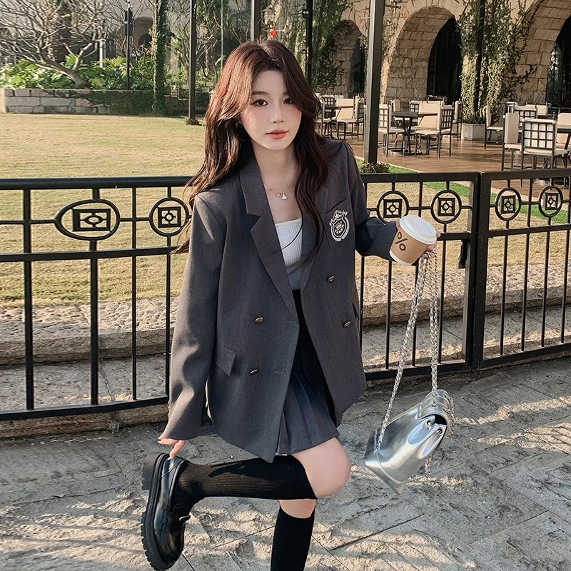 灰色学院风jk制服小西装套装女春2024新款韩版小个子百褶裙两件套