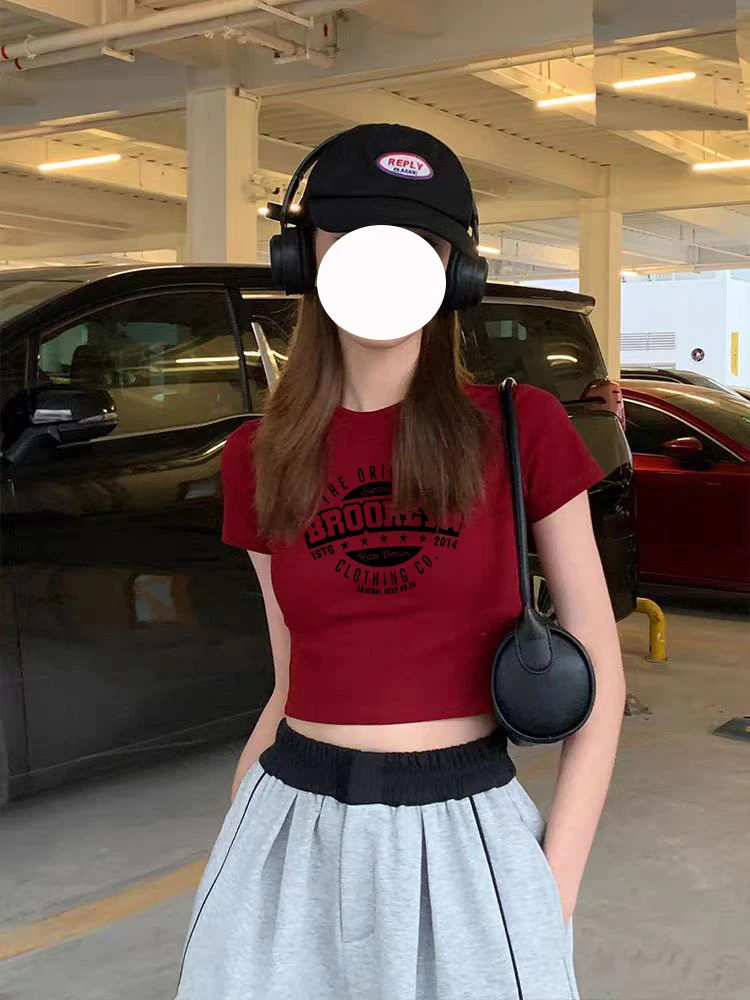 修身ins辣妹百搭高腰红色t恤女短袖短款紧身露脐上衣夏装正肩t恤