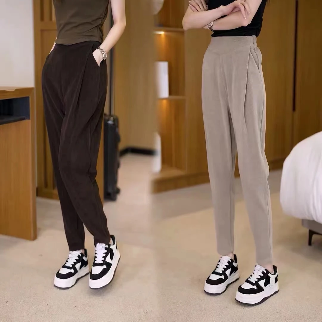 2023秋冬季新款女裤欧棉绒时尚百搭高腰显瘦窄版宽松裤休闲平角裤