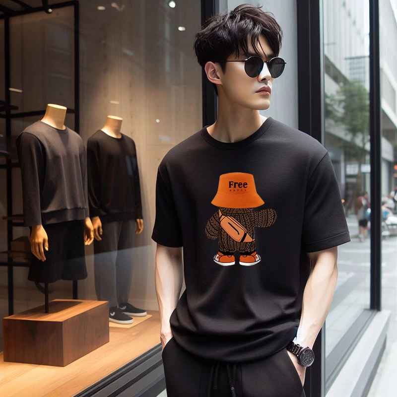 美式潮牌重磅短袖t恤男夏季纯棉毛衣熊印花正肩百搭宽松半袖体恤