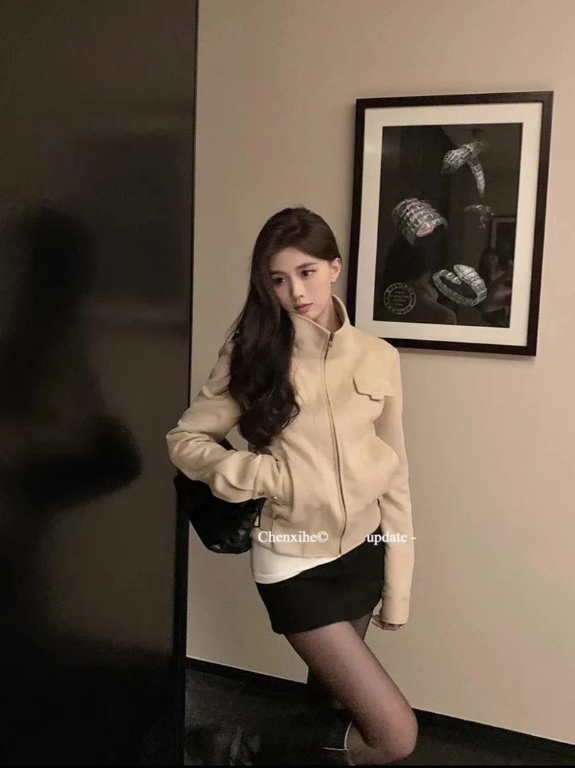 美式复古麂皮绒短款机车夹克外套女初春韩系休闲百搭上衣