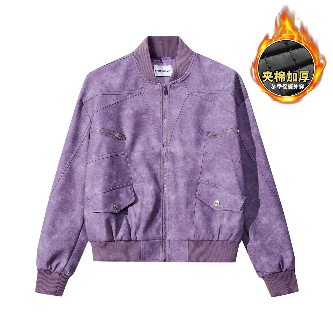 冬季美式复古街头vibe紫色夹克男女潮牌ins加厚夹棉PU皮衣棉服