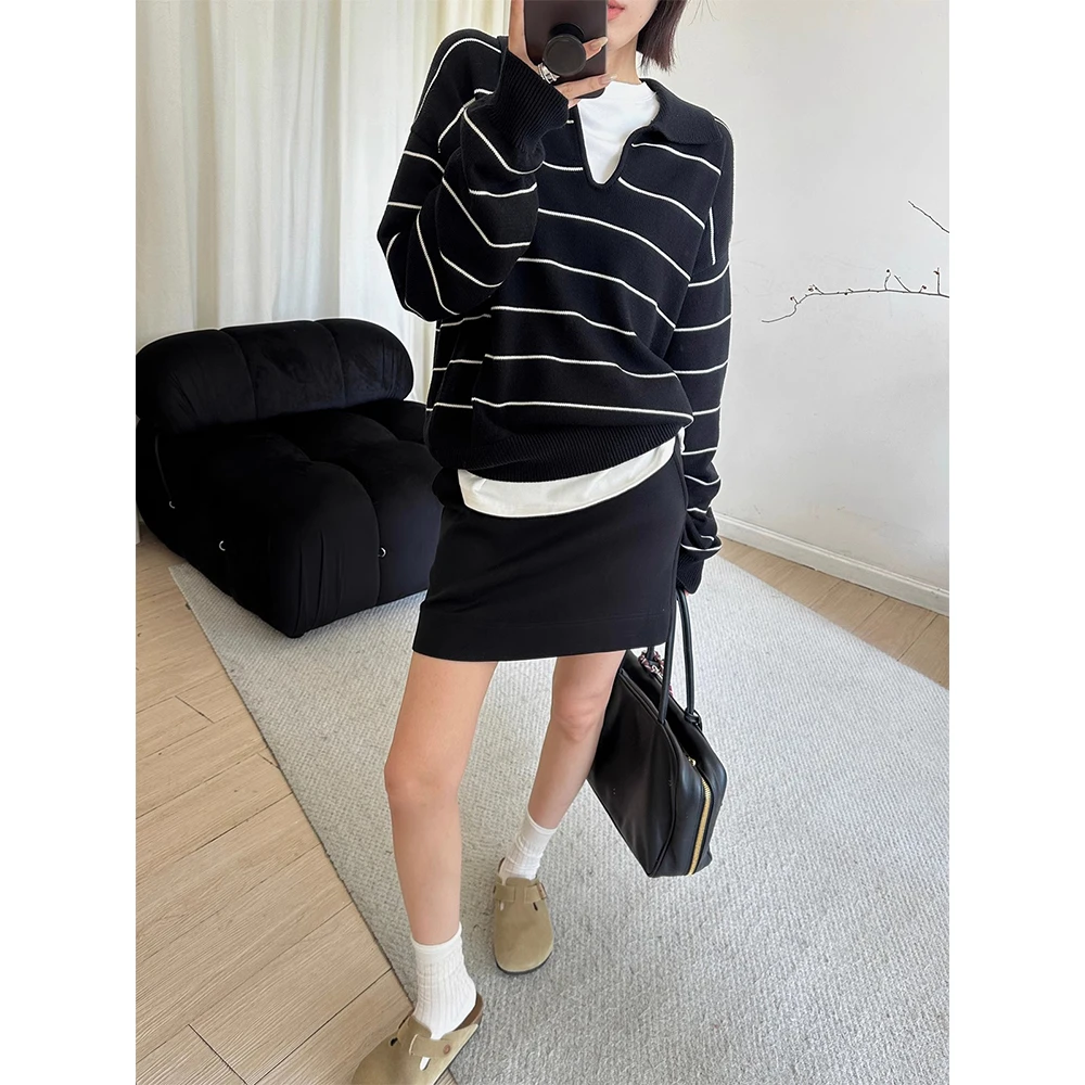 韩版复古学院风polo领撞色条纹毛衣领针织衫女秋冬显瘦百搭上衣