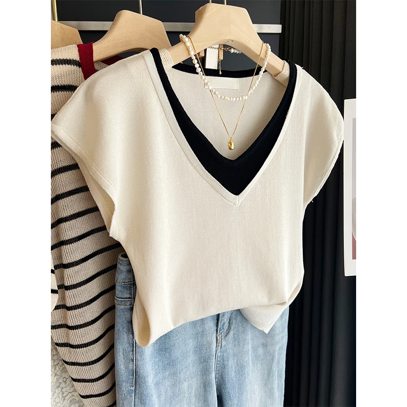 法式气质v领短袖t恤女夏薄款冰丝针织衫设计感小众假两件别致上衣
