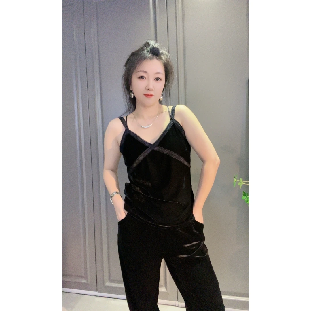 735时尚气质纯色拼接丝绒女士吊带打底背心