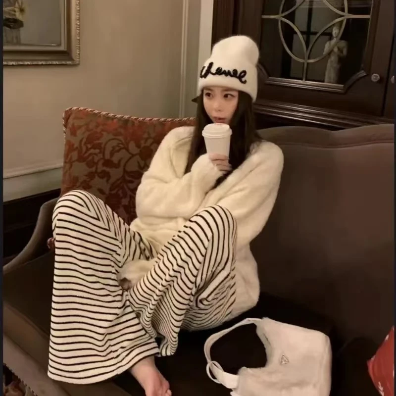 大码条纹加厚阔腿裤显瘦百搭