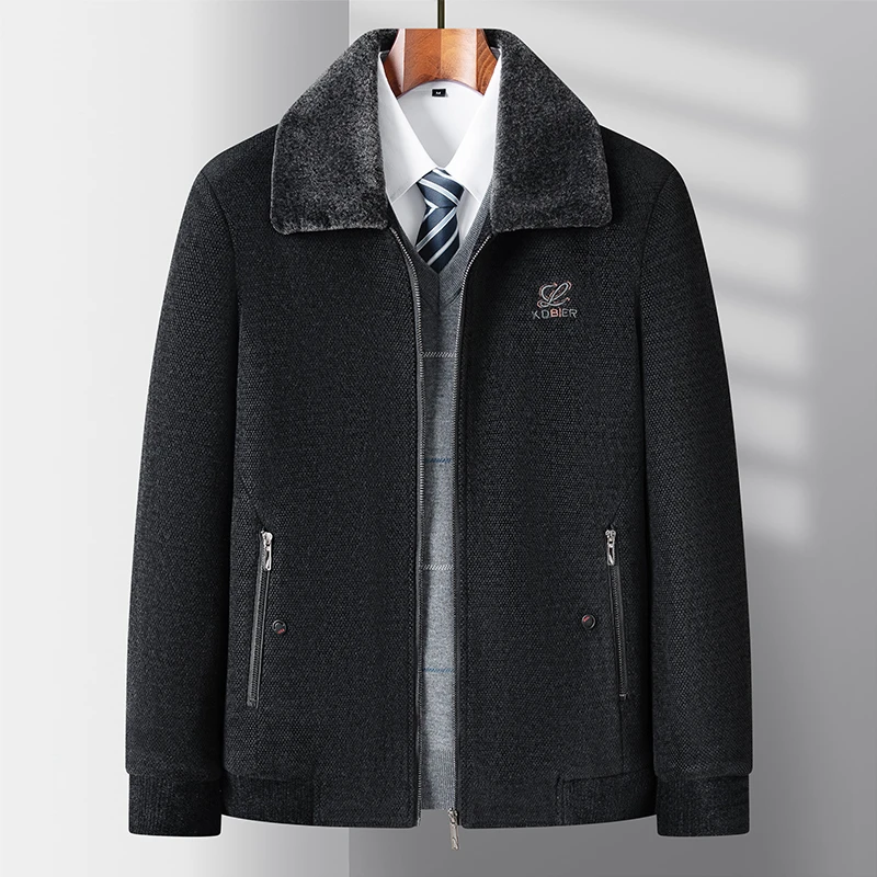 中年男士加绒加厚雪尼尔毛呢夹克秋冬季中老年毛领保暖外套爸爸装