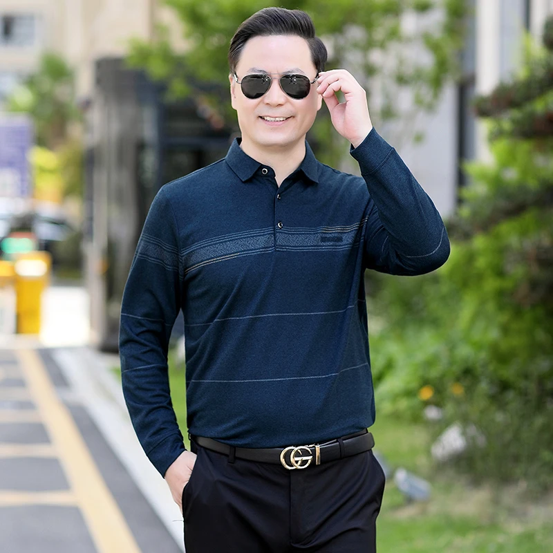 中老年爸爸长袖T恤春秋中年男士休闲翻领POLO衫宽松大码爷爷上衣
