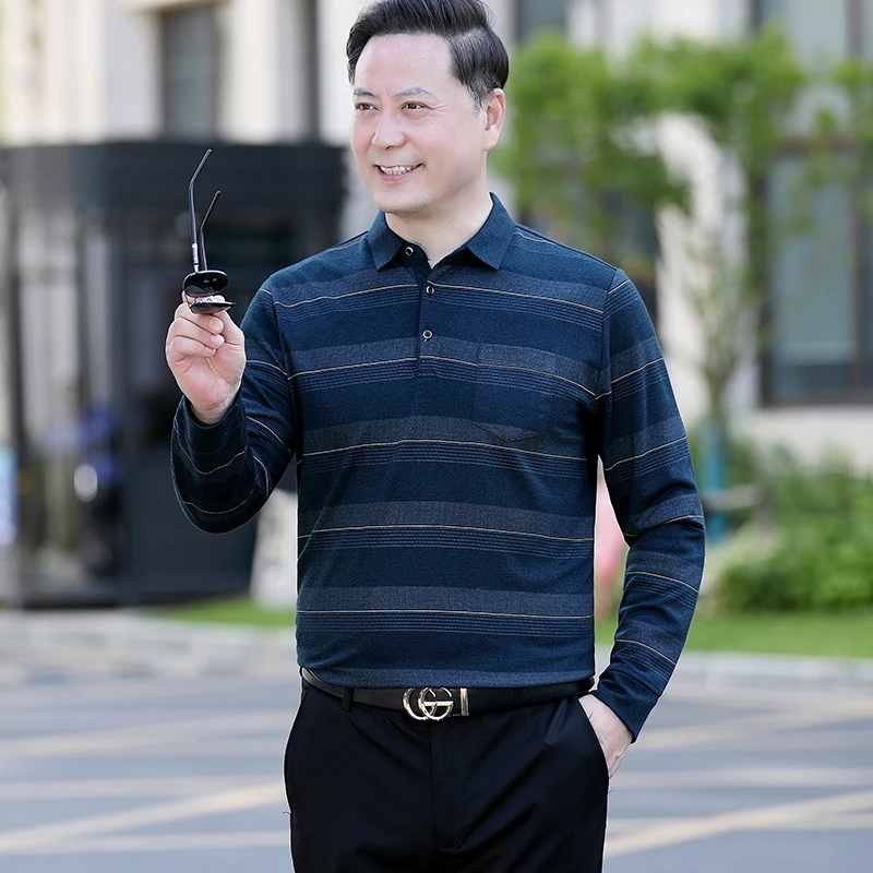 爸爸秋装长袖T恤2022新款条纹柔软亲肤中年POLO衫中老年爷爷装