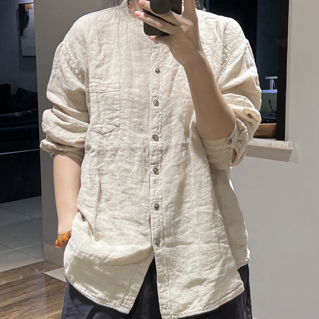 2025春高订复古文艺禅意经典简约大气圆领植物染双层亚麻长袖衬衫