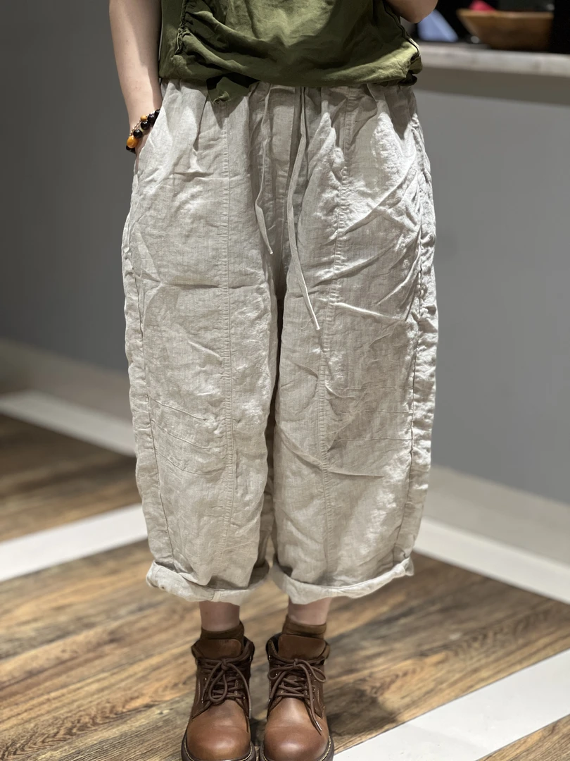 2025秋 原创复古文艺个性宽松百搭显瘦高订做旧纯亚麻休闲萝卜裤
