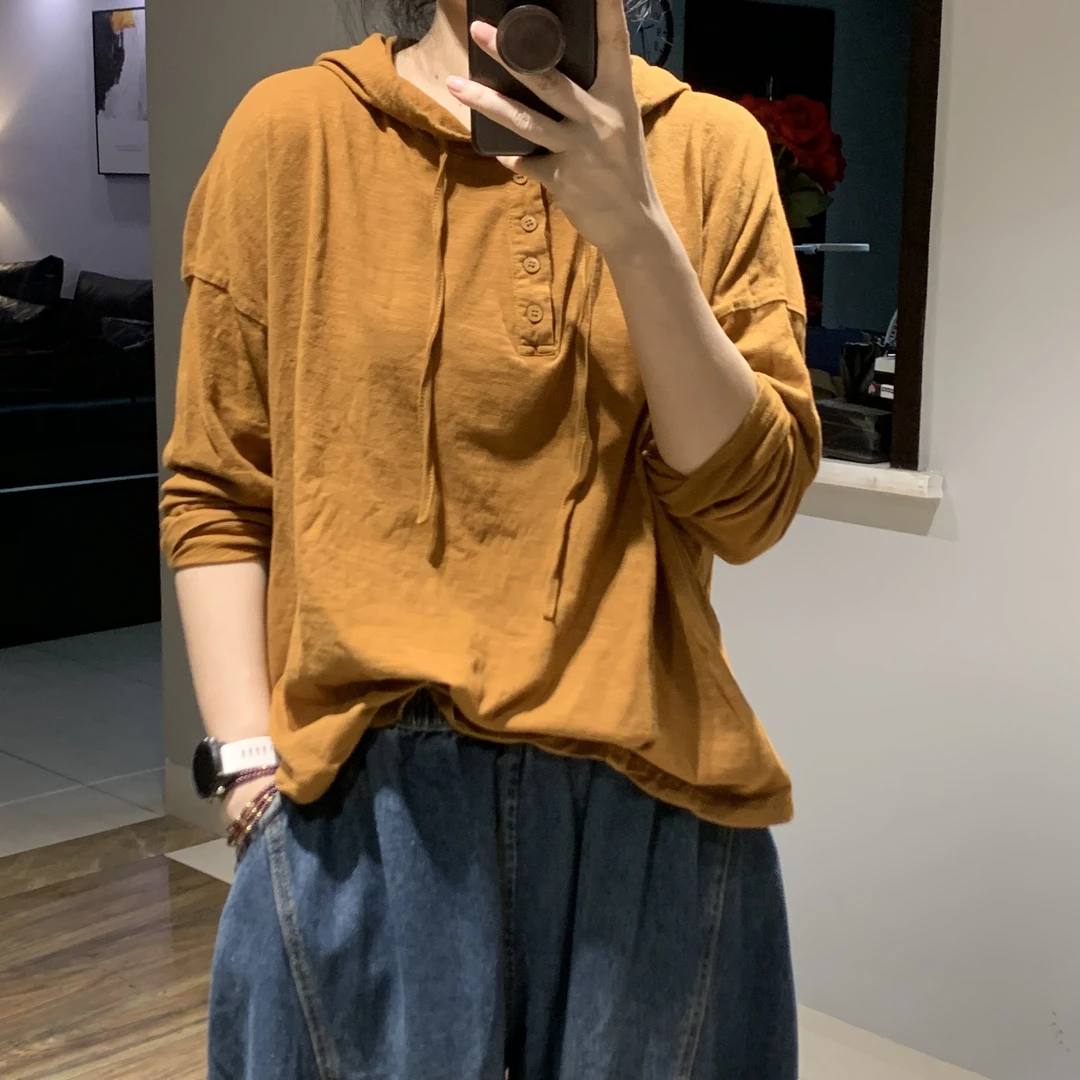 2025原创复古文艺 百搭宽松显瘦竹节棉长袖半开扣薄款连帽T恤