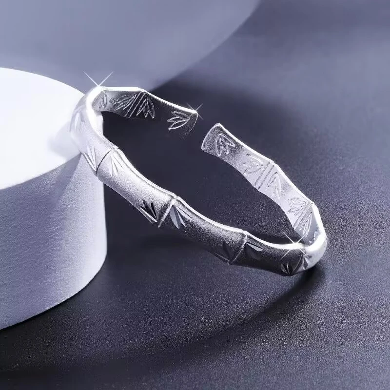 足银手镯 A18竹节树叶开口手镯